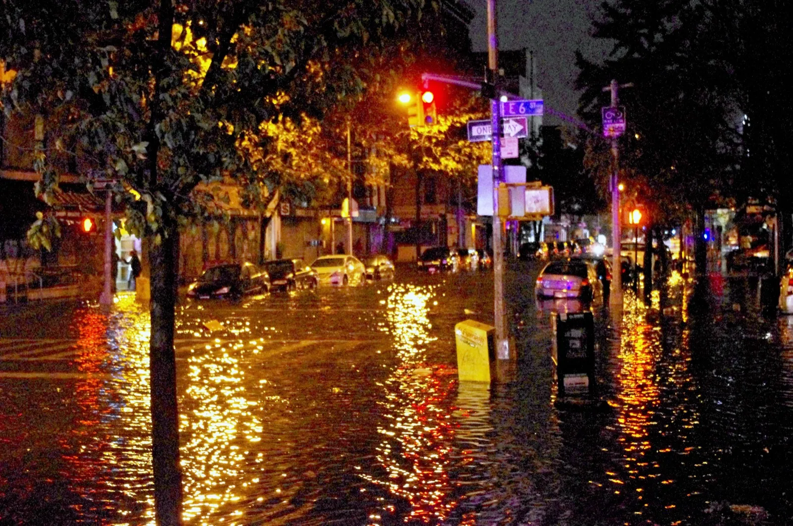 Floodwaters on Avenue C in Manhattan's East Village during Hurricane Sandy