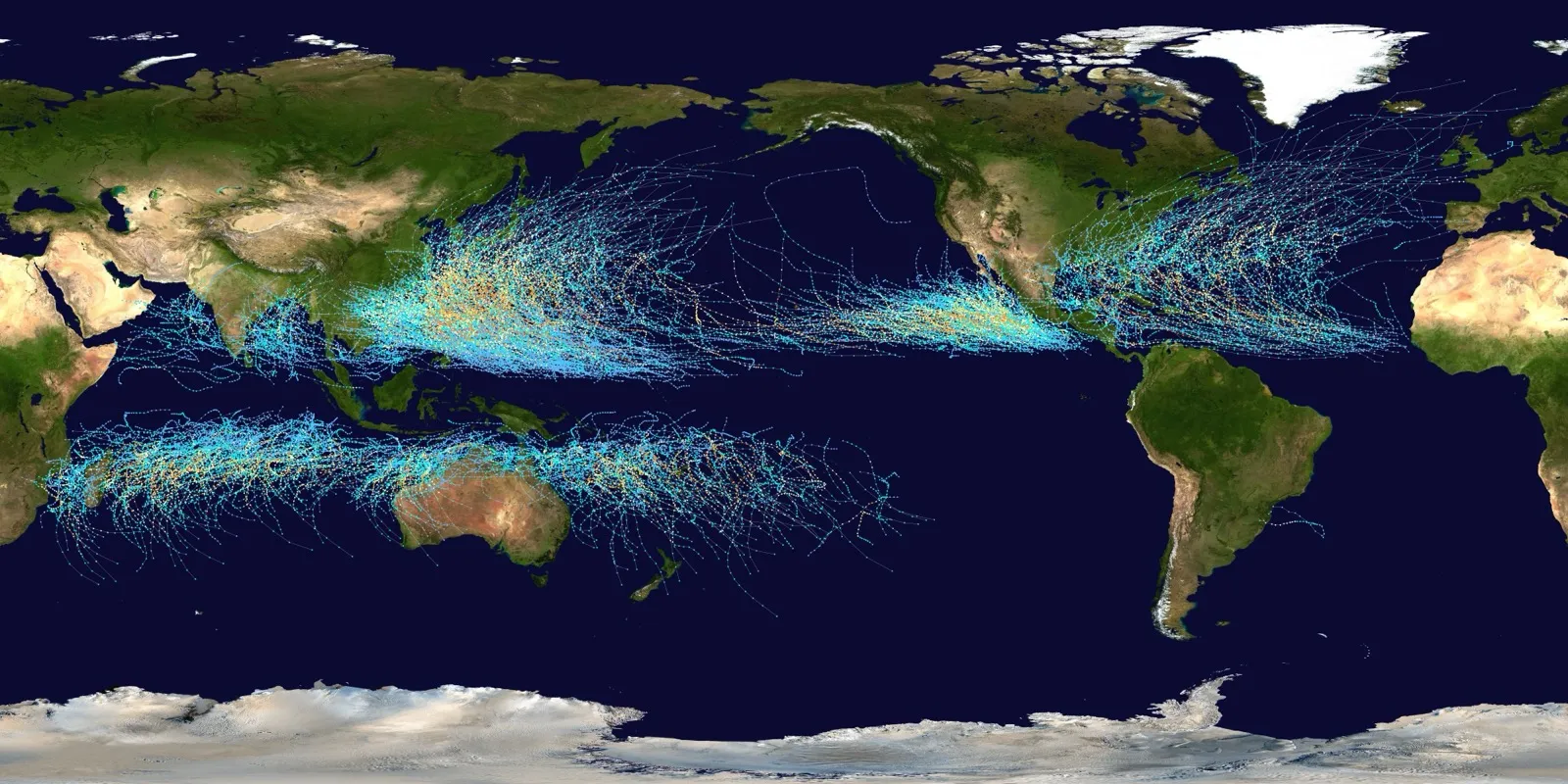 A world map showing the tracks of all recorded tropical cyclones