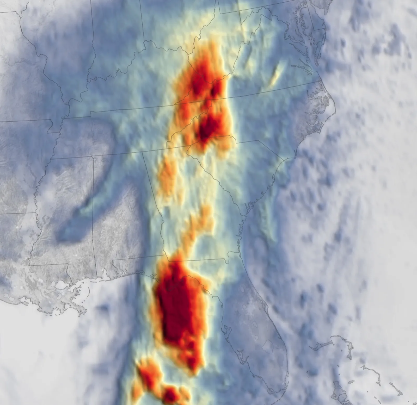 A satellite rainfall-accumulation map showing heavy rain from Hurricane Helene