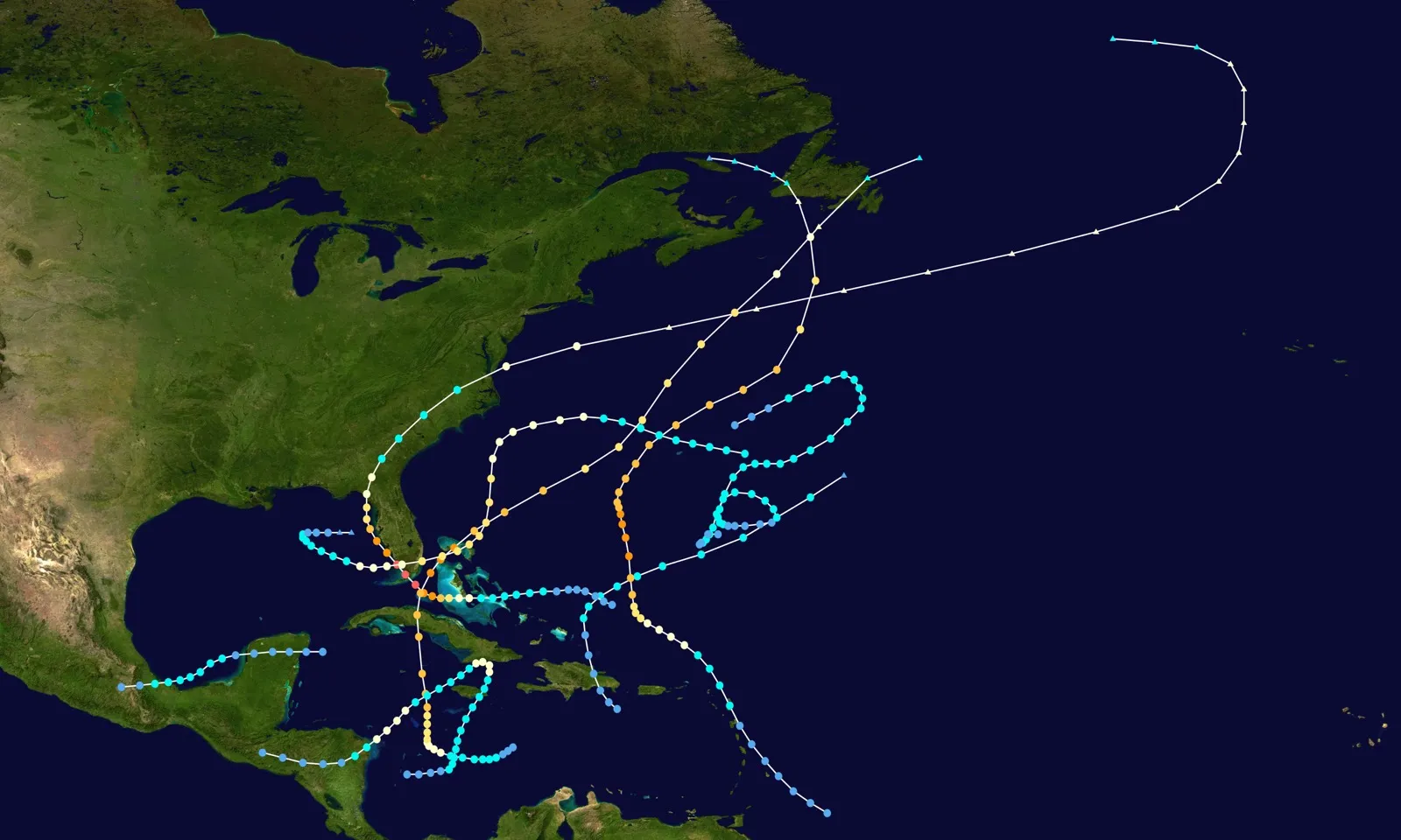 A map showing the tracks of all storms in the 1935 Atlantic hurricane season