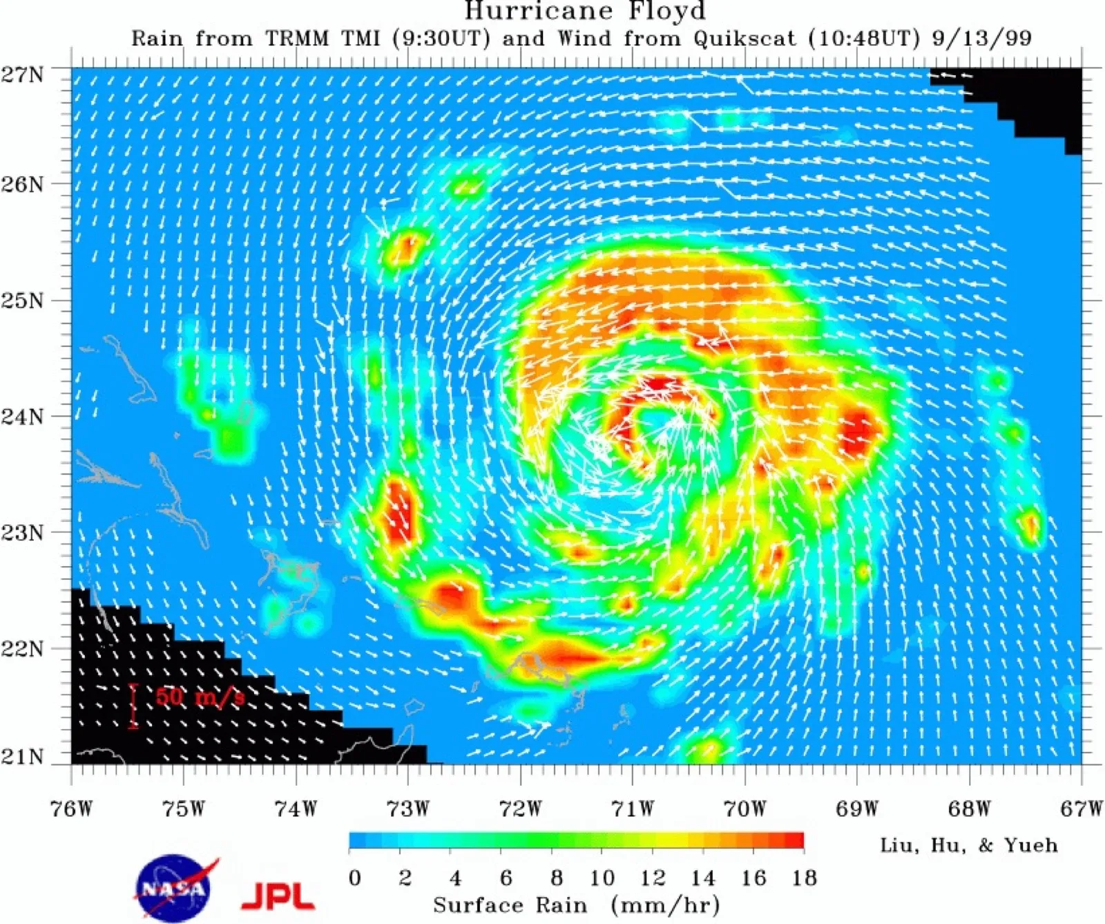 A satellite data visualization of Hurricane Floyd's wind field and rainfall