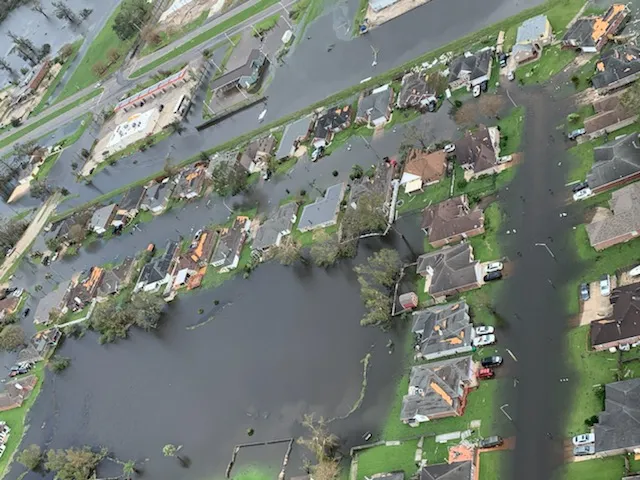 Aerial view of a Louisiana neighborhood submerged by floodwater after Hurricane Ida