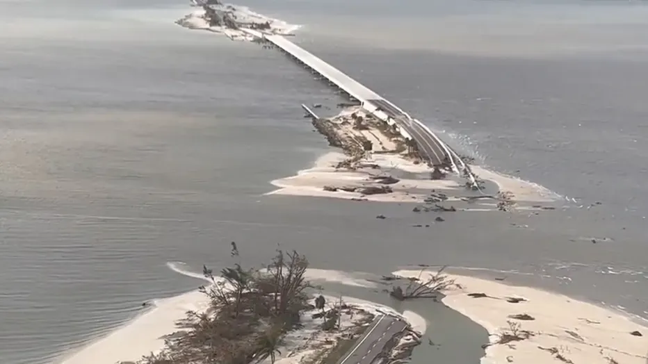 The Sanibel Causeway severed in multiple places after Hurricane Ian