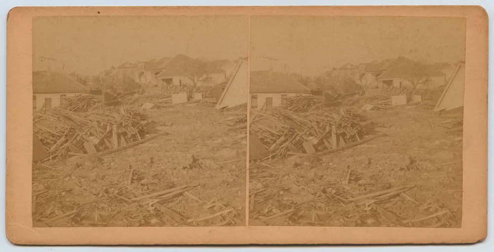 Splintered wreckage of wooden houses left by the 1900 Galveston hurricane