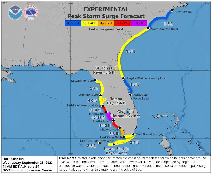 A National Hurricane Center map shading coastal zones by the height of storm surge flooding expected above ground