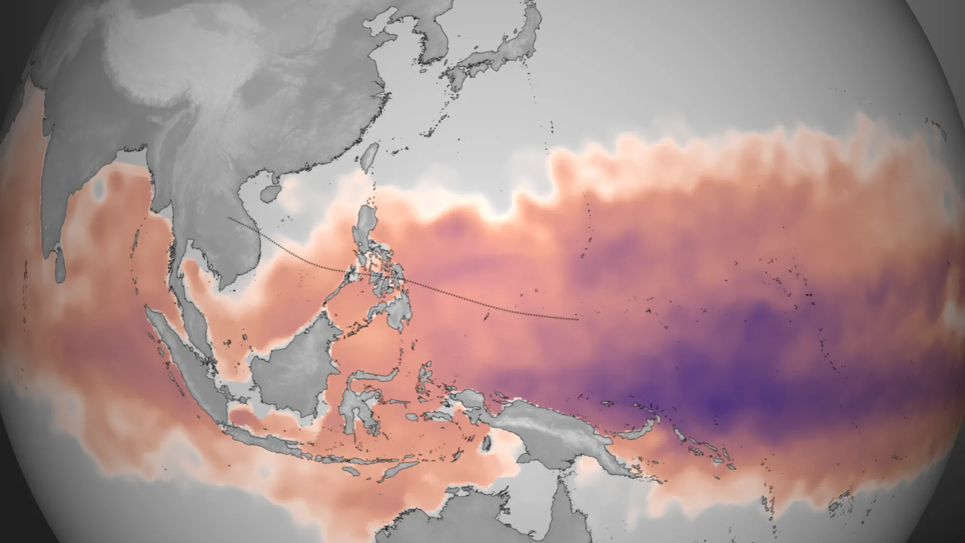 A map of tropical cyclone heat potential, showing deep reservoirs of warm ocean water shaded in red and orange along a storm's path