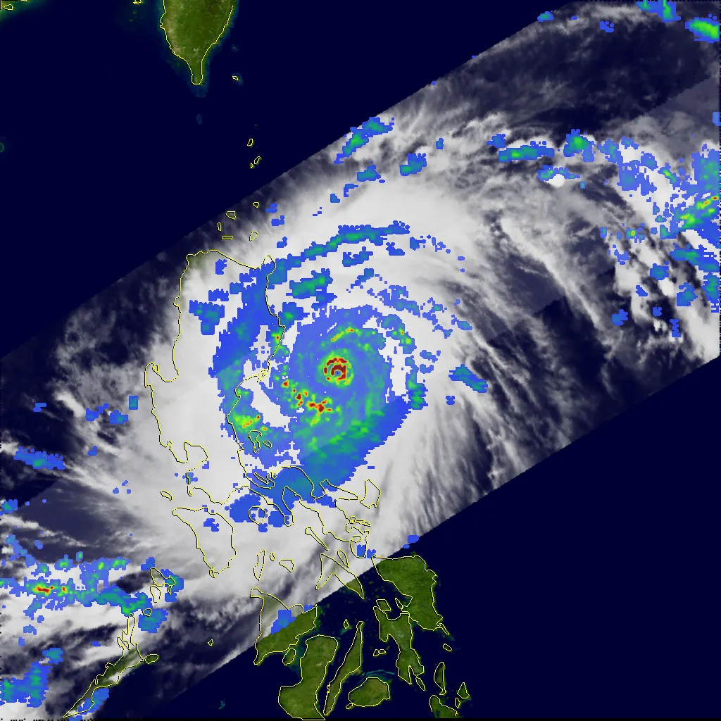 A satellite radar image of a hurricane's internal rain structure, showing towering convective cells in the eyewall in 3D-like detail