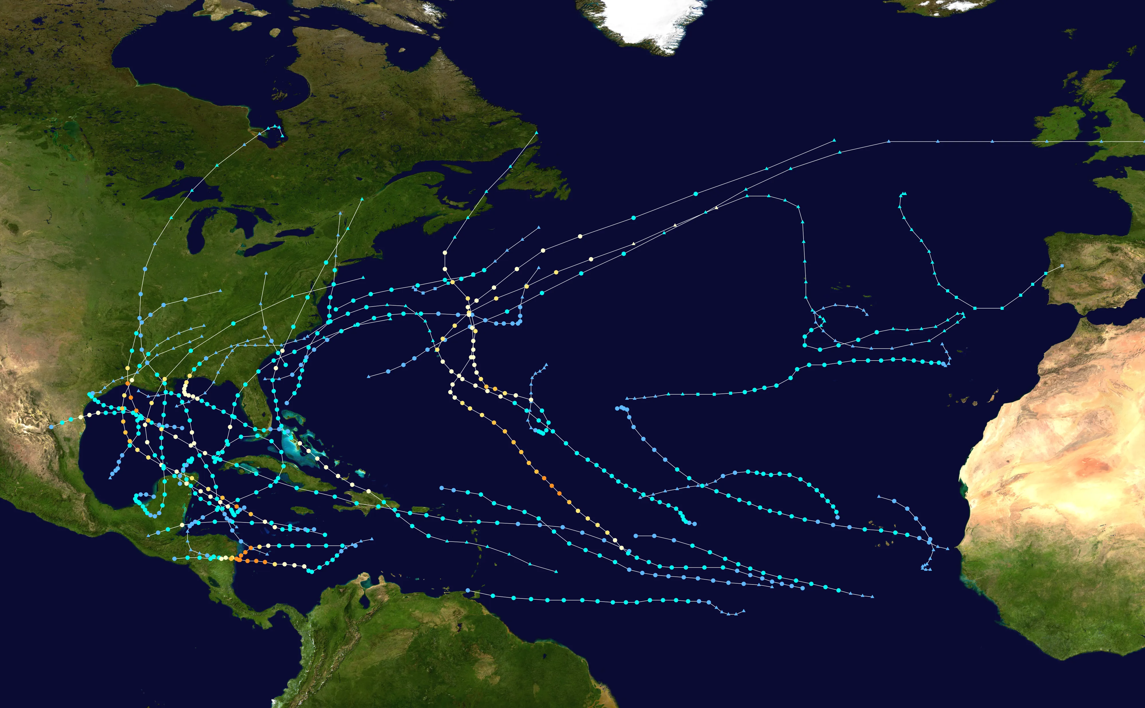 A summary map of the record-breaking 2020 Atlantic hurricane season, showing 30 named-storm tracks