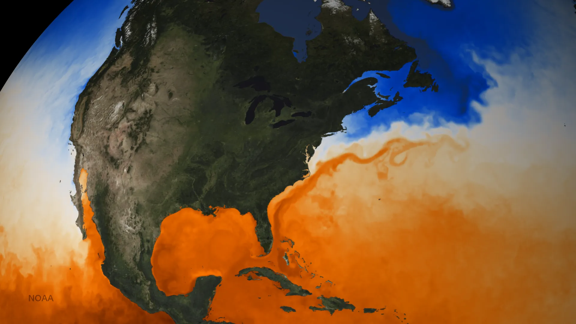 A satellite map of Atlantic sea surface temperatures highlighting the warm Gulf Stream