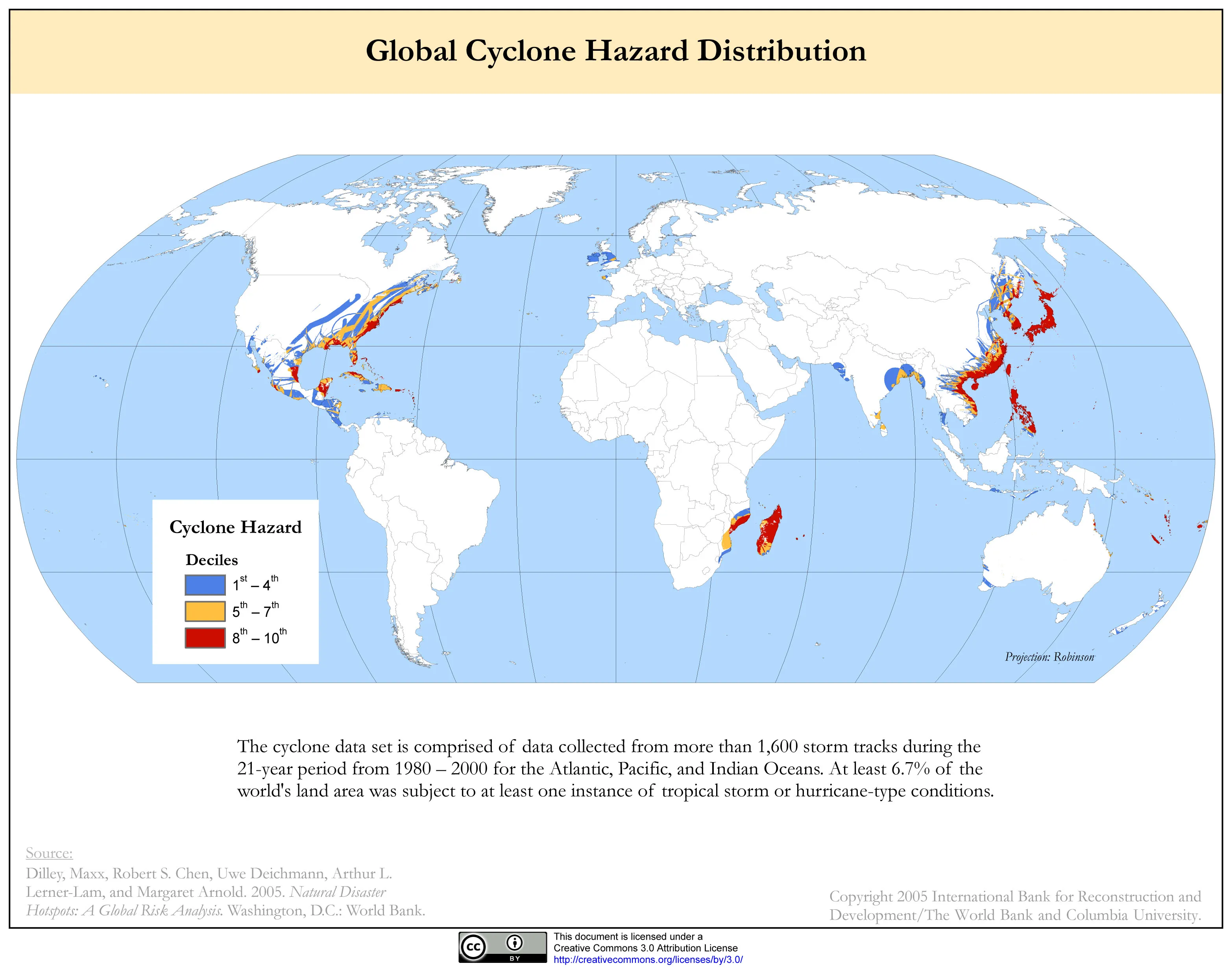 A world map showing global tropical cyclone hazard, with the highest frequencies concentrated in the western Pacific